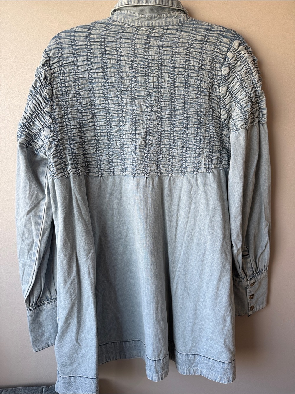 Free People Find Me Now denim Blue Smocked Yoke Denim Mini Dress Small - Picture 4 of 8